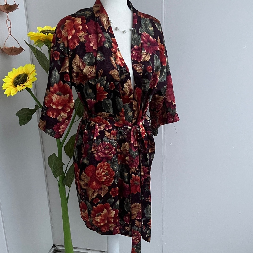 Vintage 90s Brown & Orange Large Floral Print Lightweight Shimmery Satin Robe